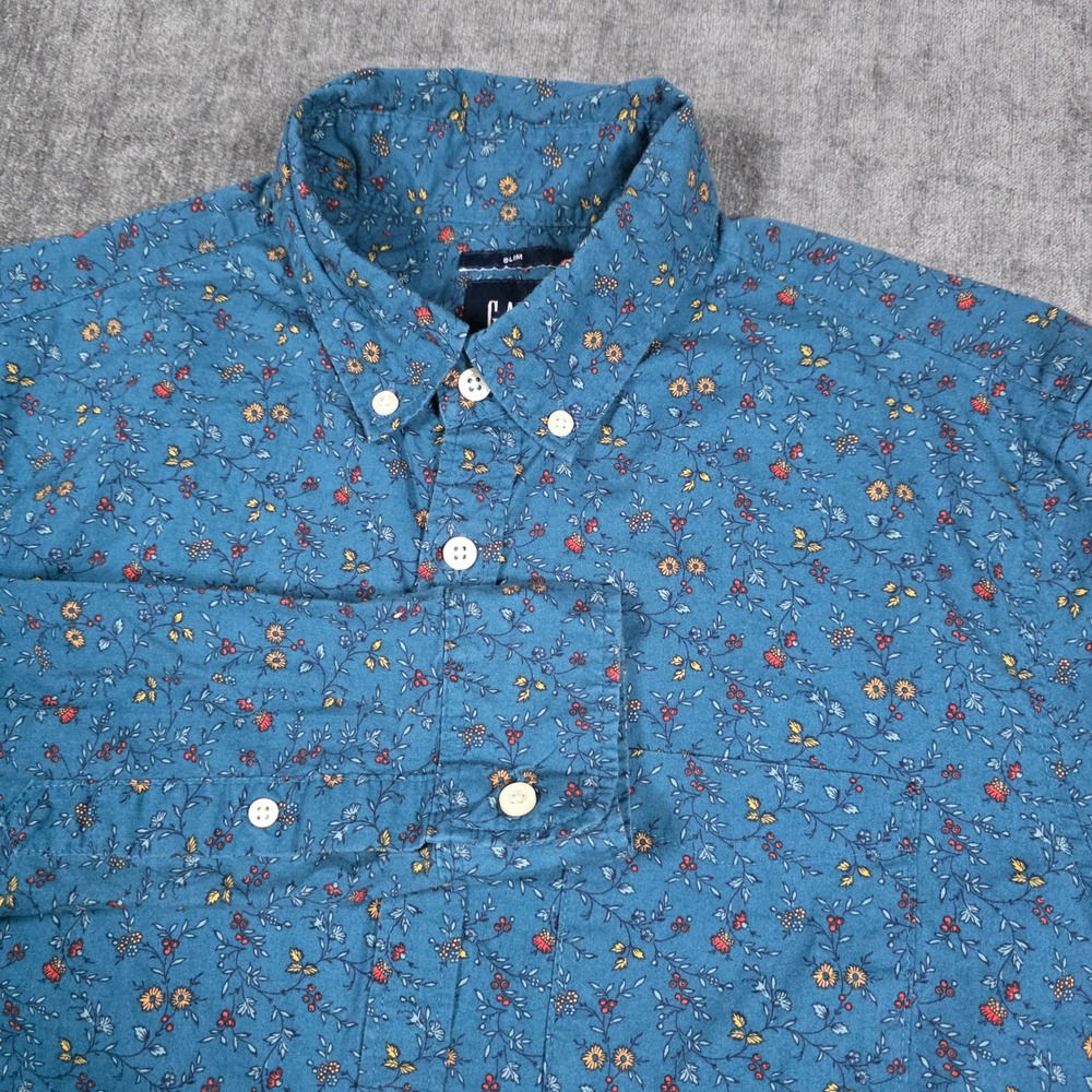 Gap Slim Fit Button Down Shirt Mens Small Teal Blue Floral Long Sleeve Cotton S